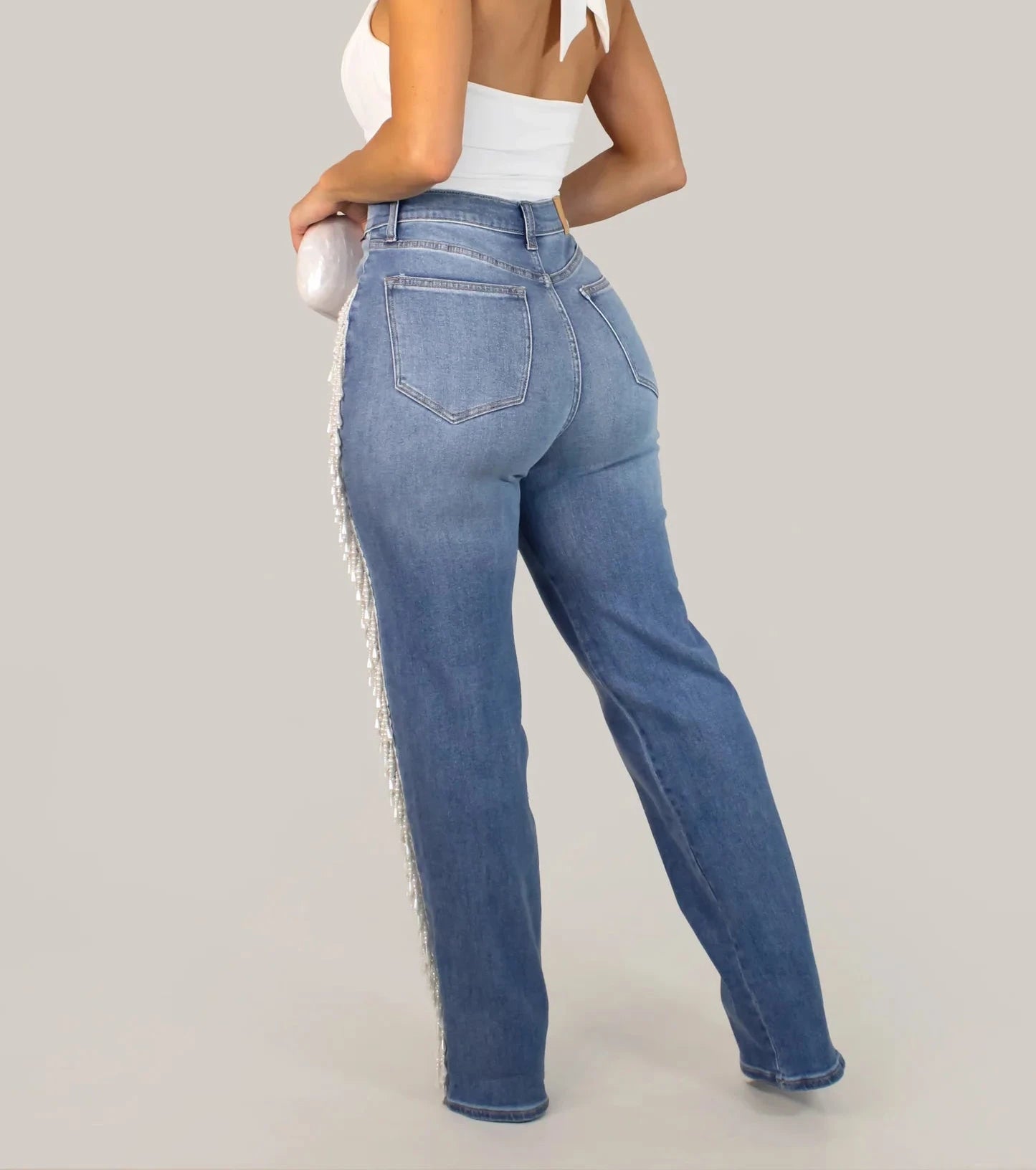 Chain Of Pearls Jeans - Light Wash