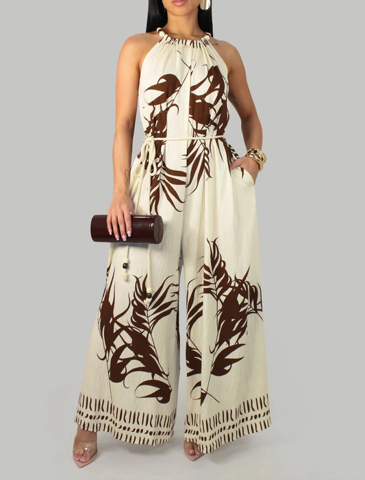 Garden Palms Jumpsuit - Ivory/Brown