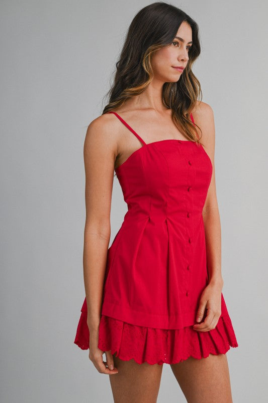 Lace Hem Mini Dress - Red